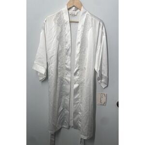 Vintage Dentelle Women's Robe Size Medium Satin Floral Embroidery White NEW